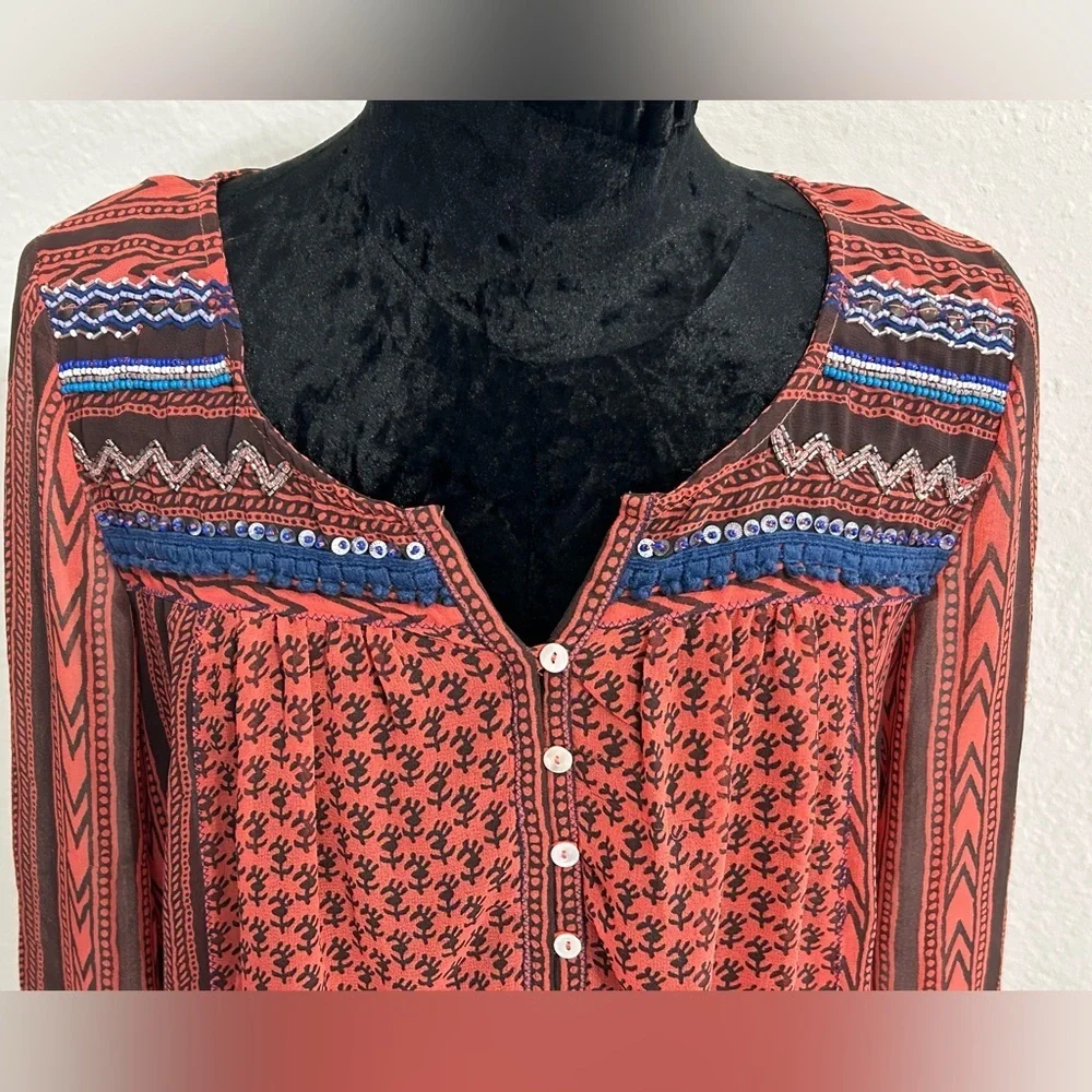 Free People Beaded Printed Boho Blouse | Size Small
